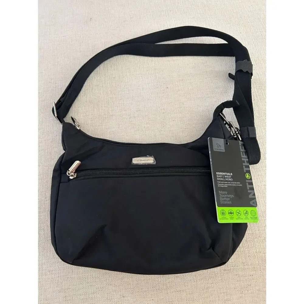 Travelon Anti-Theft Essentials East/West Small Hobo Bag, Black, NWT